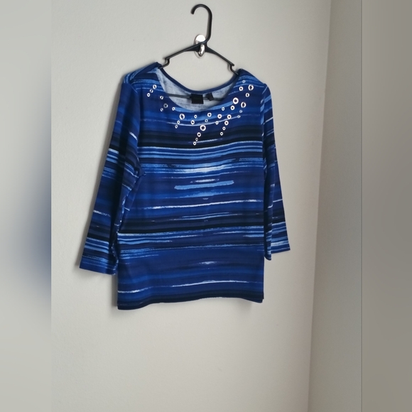 Rafaella Blue and White Striped Top with Grommet Accents - Picture 1 of 3